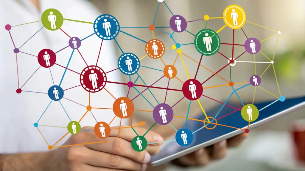 social network concept connection Colorful figures linked by lines depict the complex web of relationships in a community.