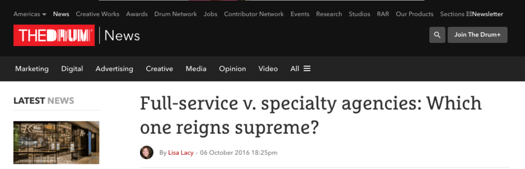 Alaniz Featured in The Drum - Full-service vs specialty agencies - Which one reigns supreme