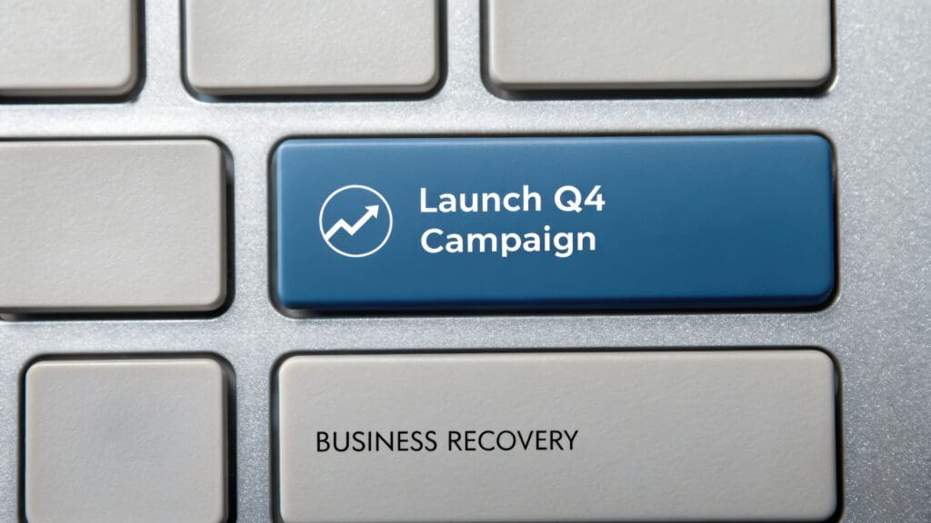 Launch Q4 campaign button on keyboard symbolizes business recovery strategy. Business Recovery